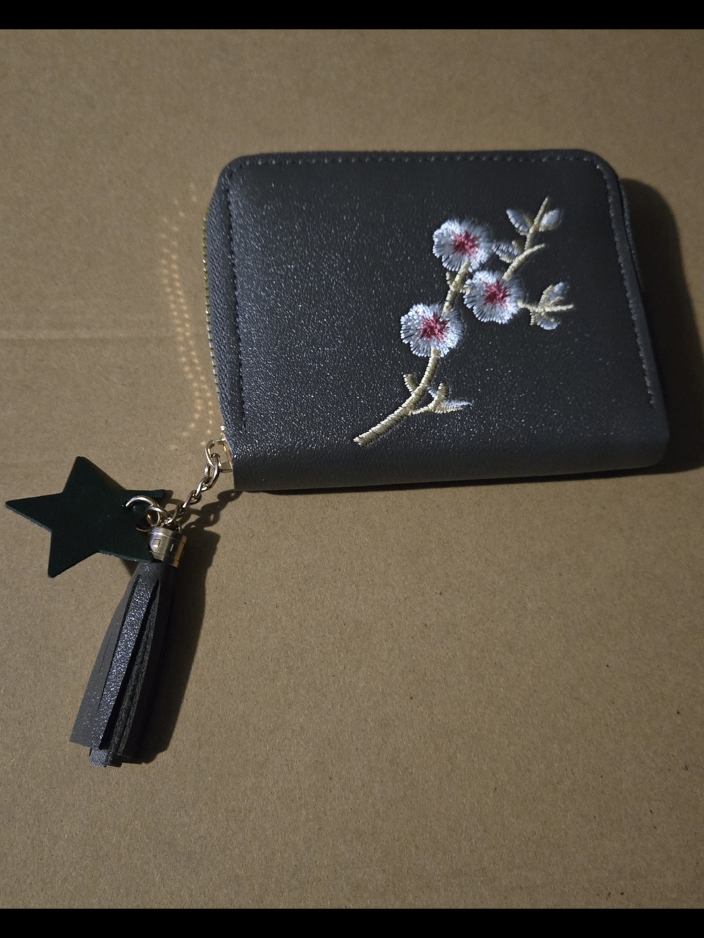 New Grey Floral Zip Wallet with Gold Hardware
